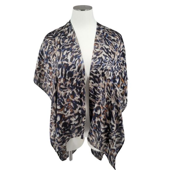 Chico's Chicos Leopard Print Brown Tan Blue Satin Poncho Wrap Women's - Picture 1 of 8